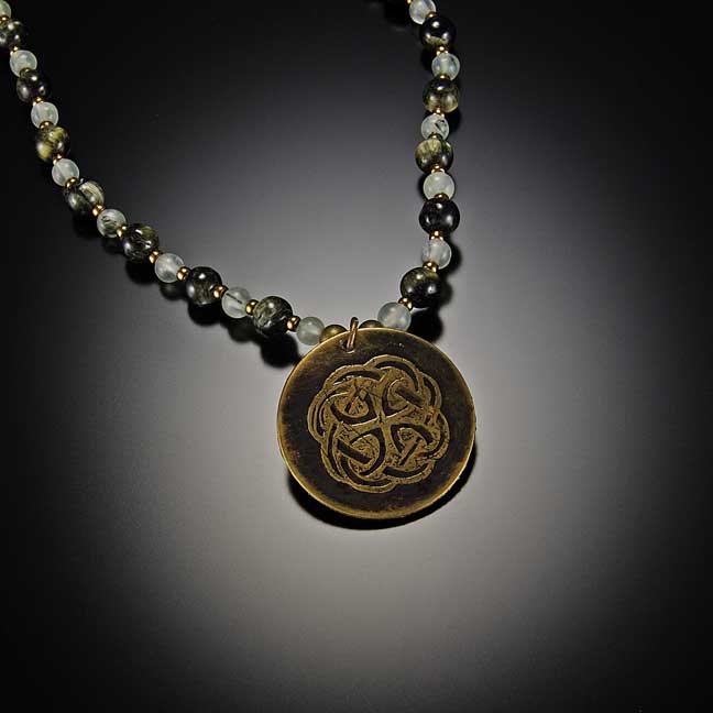 Image for Antique Brass Celtic Knot Pendant Green Cat's Eye