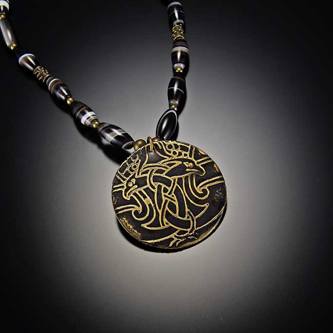 Image for Celtic Crane Pendant with Dark Striped Agate Beads